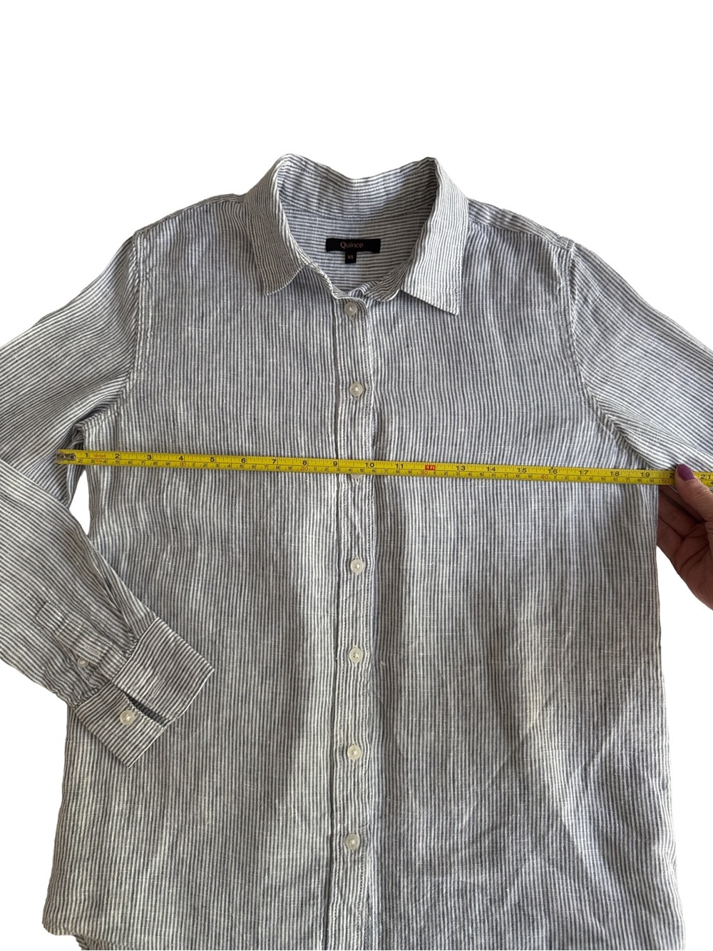 QUINCE 100% European Linen Blue Pin-Striped Long Sleeve Button-Up Shirt XS - Picture 8 of 11